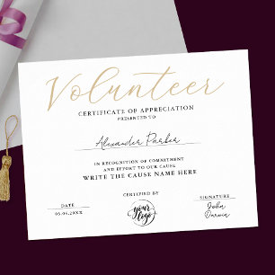 Simple Gold Volunteer Certificate Of Appreciation Poster