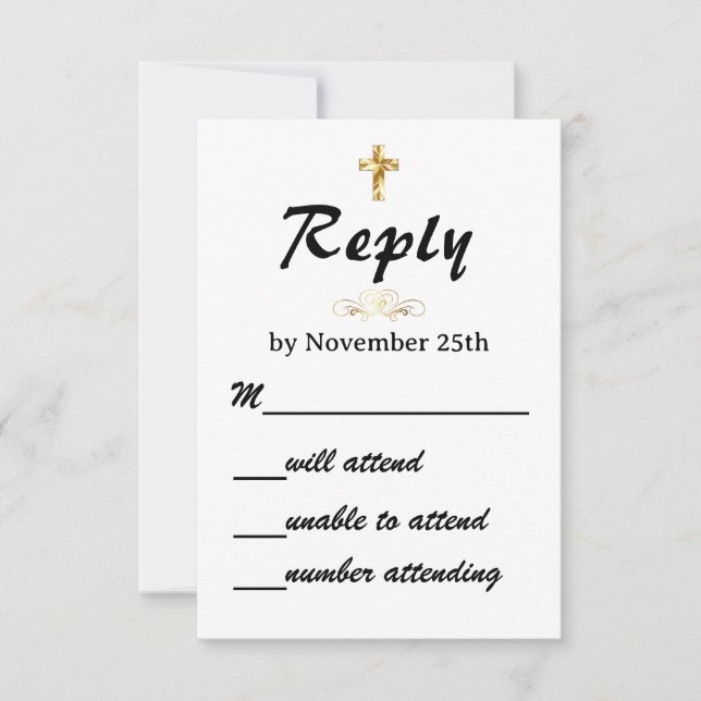 Simple Gold Wedding Christian Cross RSVP Card (Front)