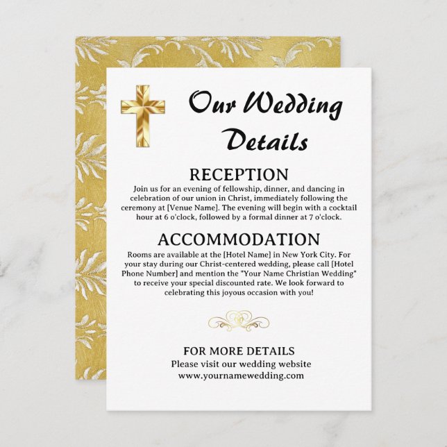 Simple Gold Wedding Details Christian Cross Enclosure Card (Front/Back)
