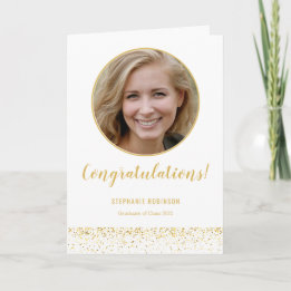 Simple Gold White Confetti Photo Graduation Card