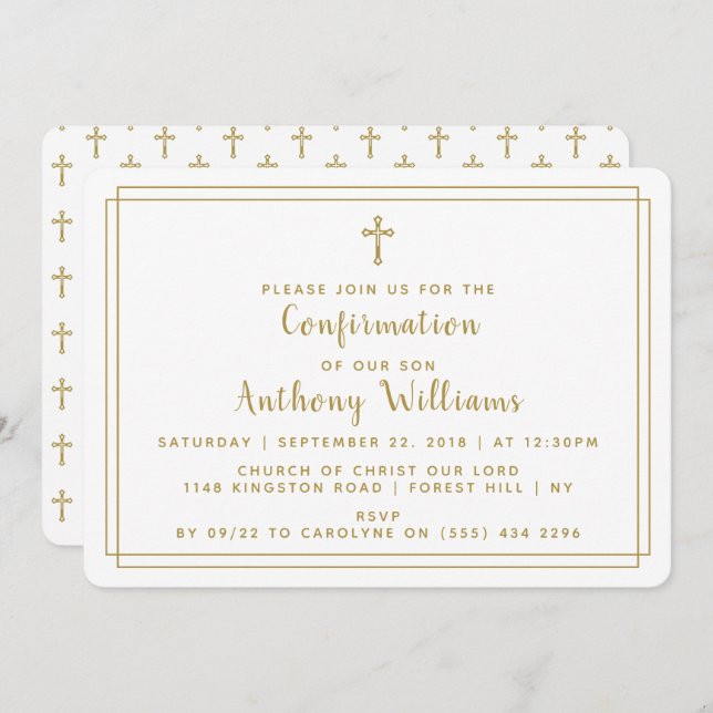 Simple Gold & White Holy Cross Confirmation Invitation (Front/Back)