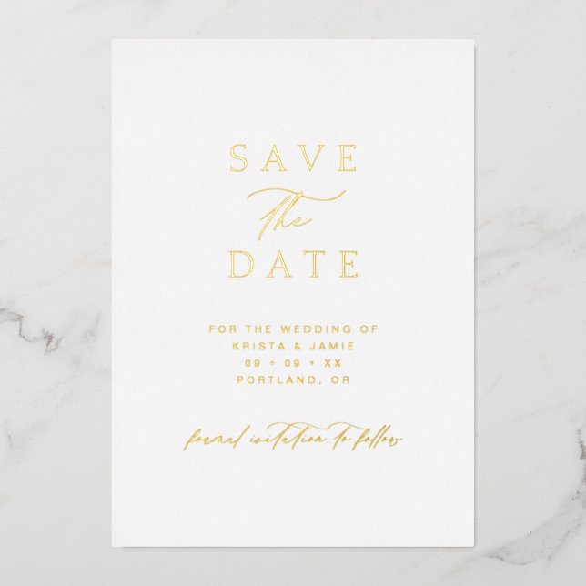 Simple Gold & White Photo Wedding Save the Date (Front)
