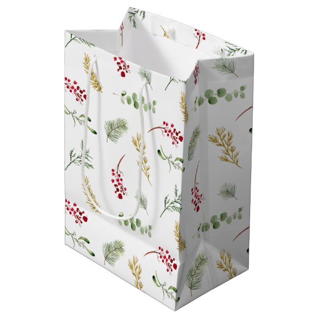 Simple Gold Winter Greenery Watercolor Christmas Medium Gift Bag (Front Angled)