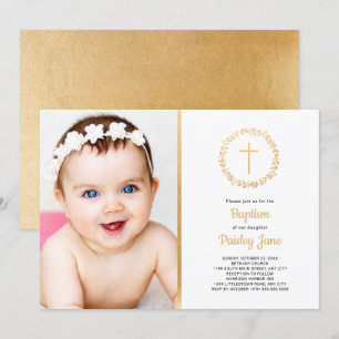 Simple gold wreath baptism photo invitation