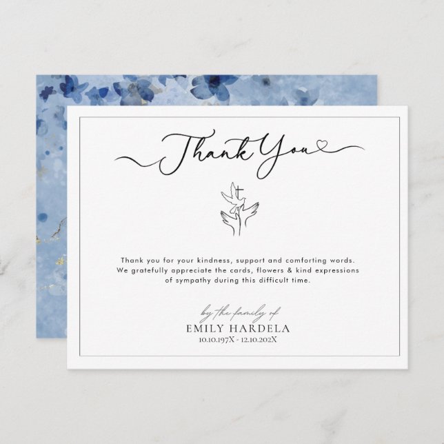Simple Golden Blue Floral Funeral Thank You Card (Front/Back)