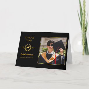 Simple Golden Cap Laurel Wreath Graduation Photo Thank You Card