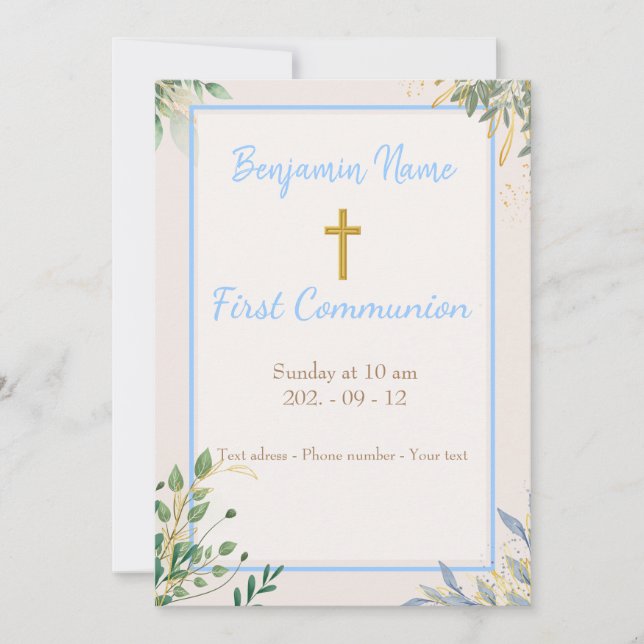 Simple Golden Cross Boy Floral Invitation (Front)