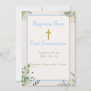Simple Golden Cross Boy Floral Invitation