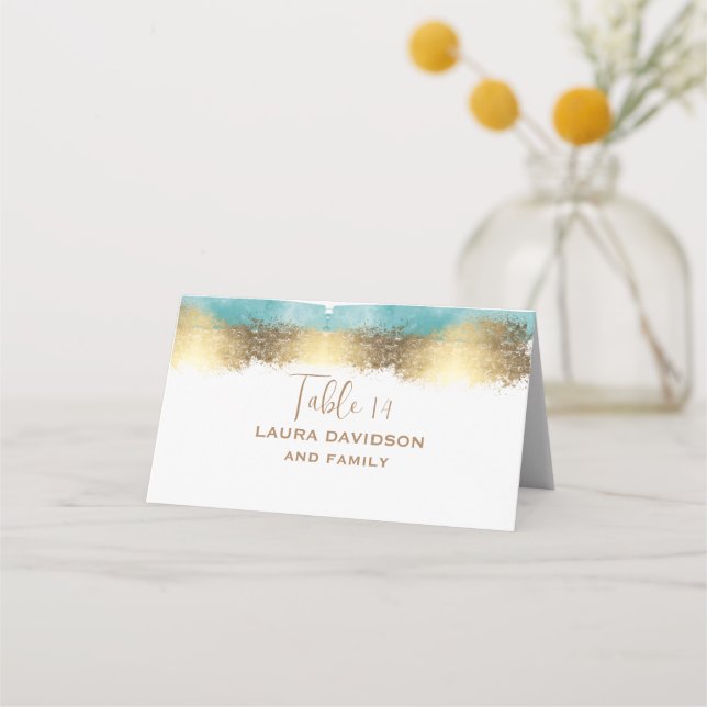 Simple golden foil and aqua blue border minimalist place card (Back)
