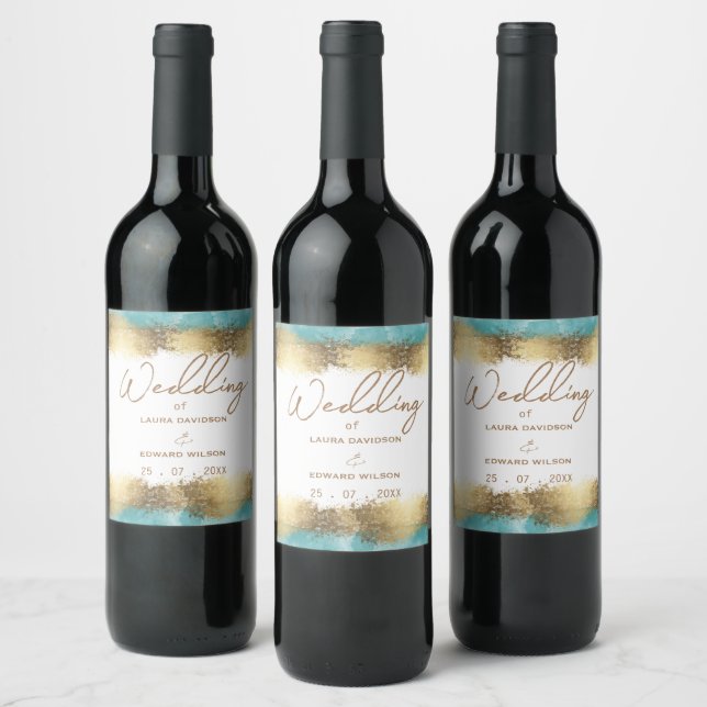Simple golden foil and aqua blue border minimalist wine label (Bottles)