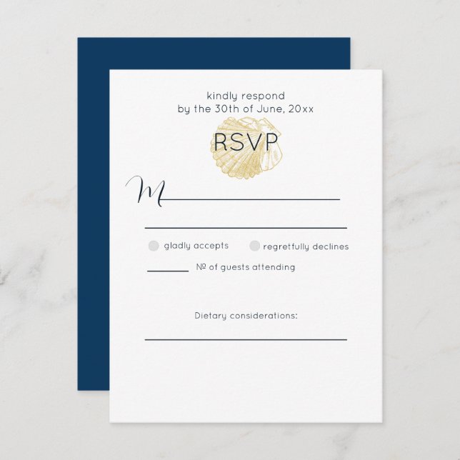 Simple Golden Sea Shell and Deep Prussian Blue RSVP Card (Front/Back)