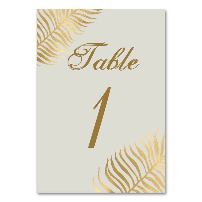 Simple Golden Tropical Leaves Wedding Table Number (Front)