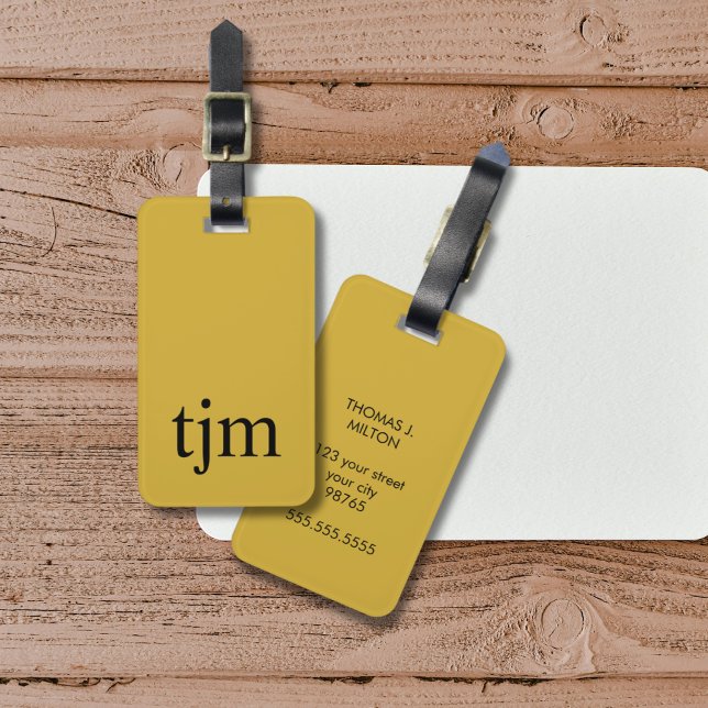 Simple Golden Yellow Black Bold Monogram  Luggage Tag (Creator Uploaded)