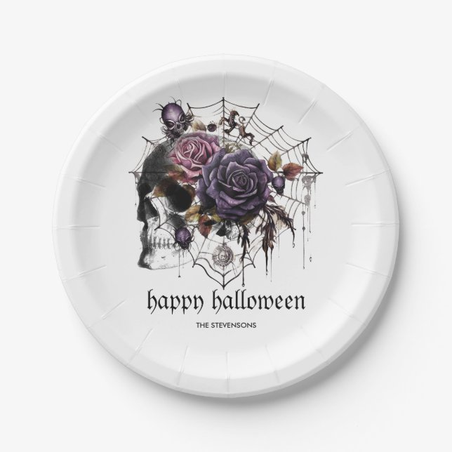 Simple gothic roses & skull Halloween party Paper Plate (Front)