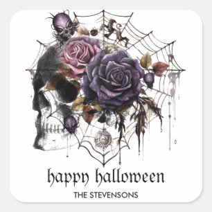 Simple gothic roses & skull Halloween party Square Sticker