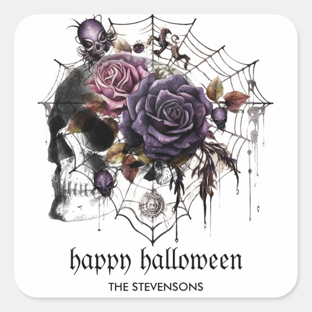 Simple gothic roses & skull Halloween party Square Sticker (Front)