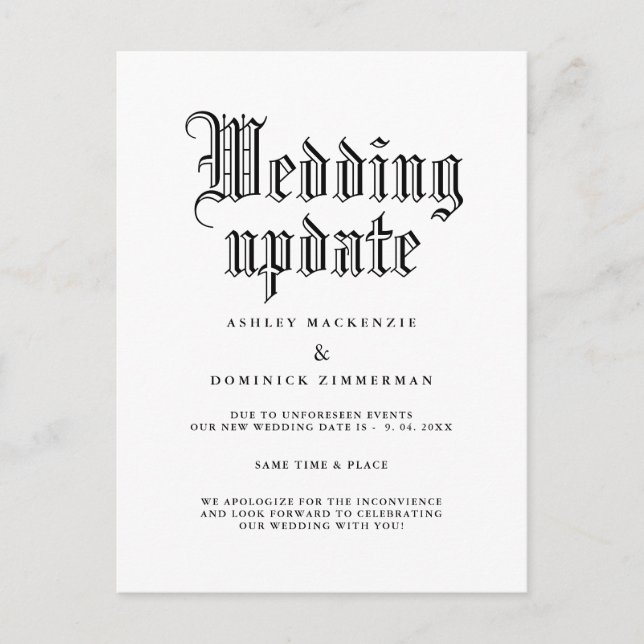 Simple Gothic Wedding Update Change  Announcement Postcard (Front)