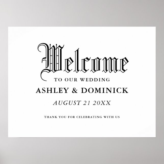 Simple Gothic Welcome Wedding Reception Sign  (Front)