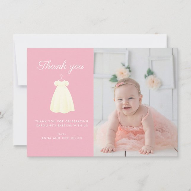 Simple Gown Baptism Photo Thank You Card (Front)