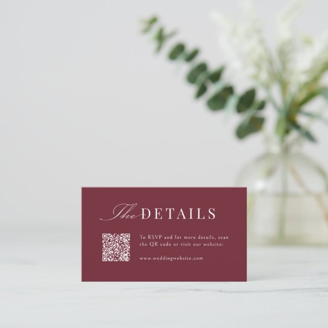 Simple Graceful Script Burgundy QR Code Details Place Card (Standing Front)