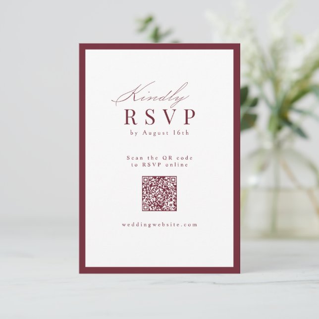 Simple Graceful Script Burgundy QR Code Wedding RSVP Card (Standing Front)
