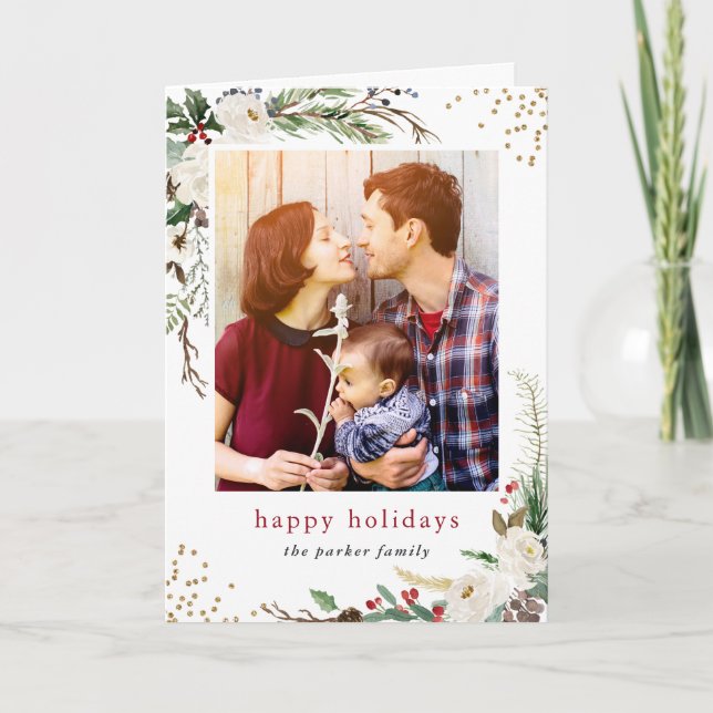 Simple Graceful Winter Botanical Photo Greeting Holiday Card (Front)