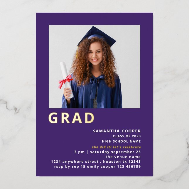 Simple Grad 2025 Photo Graduation Purple Gold Real (Front)