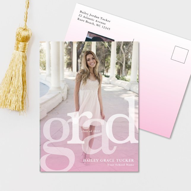Simple GRAD Pink Overlay ANY Year Graduation Postcard (Creator Uploaded)