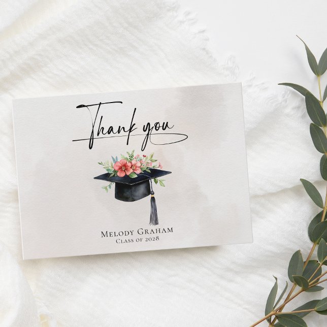 Simple Graduate Cap Flowers Modern Graduation Thank You Card (Creator Uploaded)