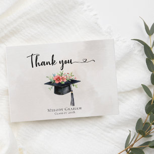 Simple Graduate Cap Flowers Modern Graduation Thank You Card