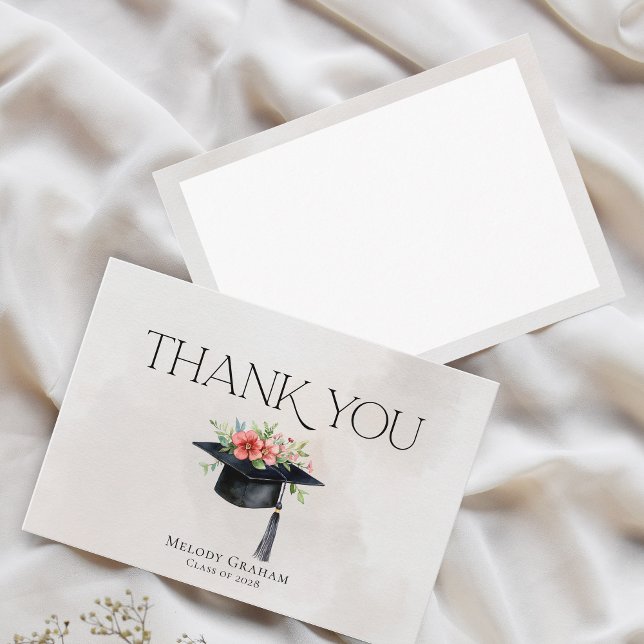 Simple Graduate Cap Flowers Modern Graduation Thank You Card (Creator Uploaded)