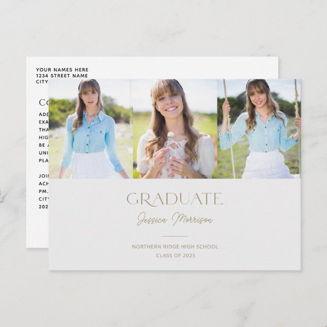 Simple Graduate Grey & Gold Multi Photo Graduation Postcard (Front/Back)