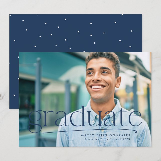 Simple graduate one-photo navy blue graduation announcement (Front/Back)