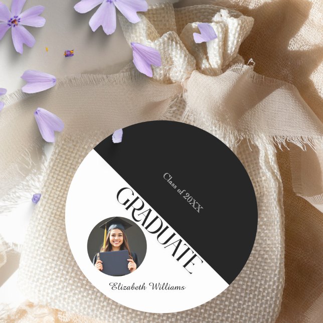 Simple Graduation Black and White Classic Round Sticker (Creator Uploaded)