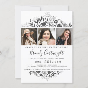 Simple Graduation Black White Floral 3 Photo Invitation