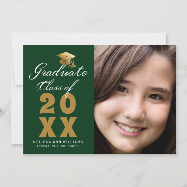 Simple Graduation Photo Green Gold Script 2025 Announcement (Front)
