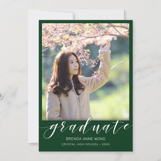 Simple Graduation Photo White Script on Green Announcement (Front)