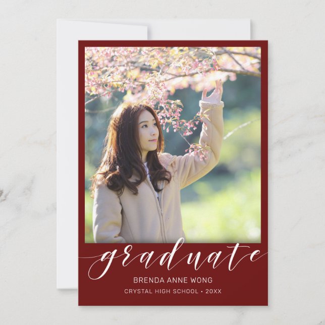 Simple Graduation Photo White Script on Red Announcement (Front)