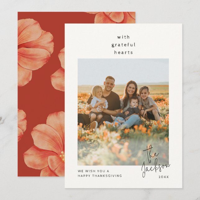 Simple Grateful Hearts Thanksgiving Holiday Card (Front/Back)