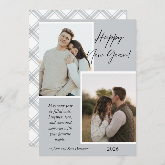 Simple Gray and White New Years Photo Collage Card (Front/Back)