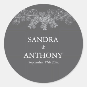 Simple Gray Line Art Eucalyptus  Wedding Classic Round Sticker