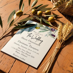 Simple Green and Black Olive Branch Watercolor Invitation