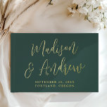 Simple Green and Gold Foil Script Photo Wedding Guest Book<br><div class="desc">Add a personalised touch to your wedding ceremony with this Simple Green and Gold Foil Script guest book. The design features your names displayed in an elegant gold foil calligraphy script with your wedding date and location shown below on a dark green background. Add your custom text to the spine...</div>