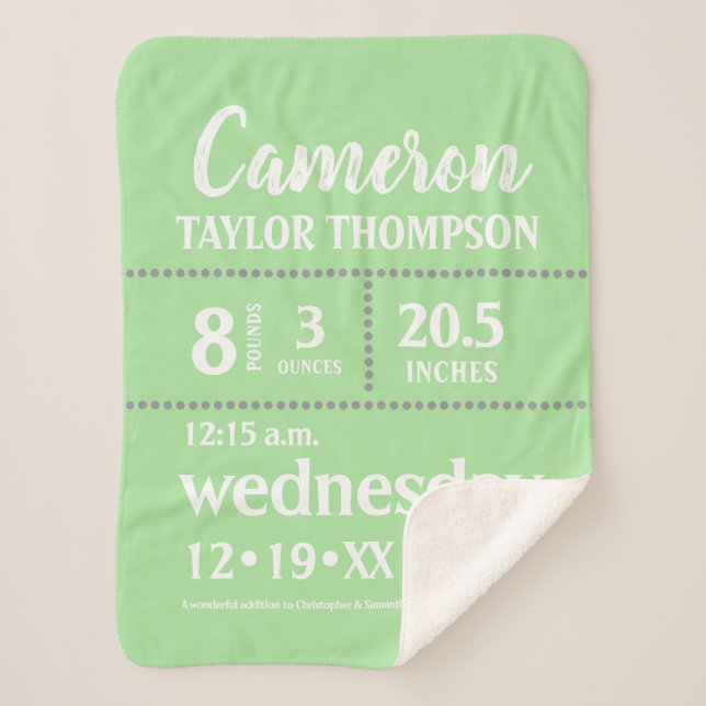 Simple Green Baby birth Stat Nursery Sherpa Blanket (Front)