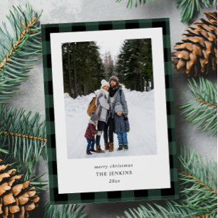 Simple Green Black Plaid Border 2 Photos Christmas Holiday Card