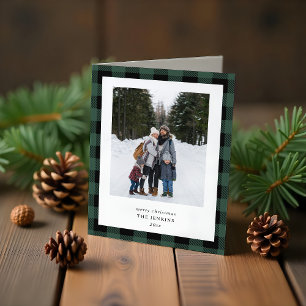 Simple Green Black Plaid Border 3 Photo Christmas Holiday Card