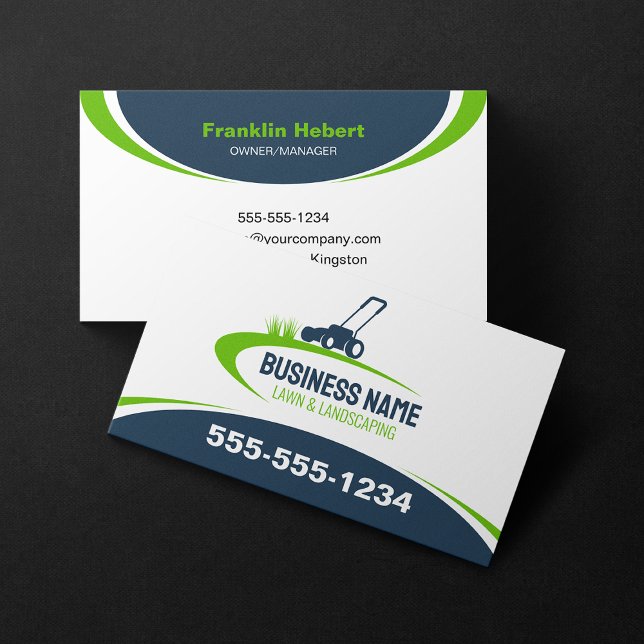 Simple Green Blue Lawn Landscaping Mowing Service Business Card (Creator Uploaded)