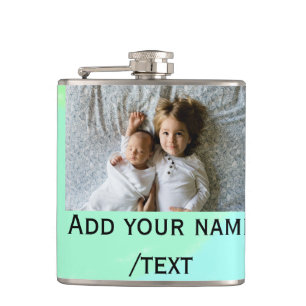 simple green blue watercolor add photo custom text hip flask