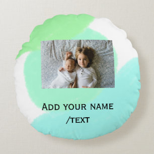 simple green blue watercolor add photo custom text round cushion