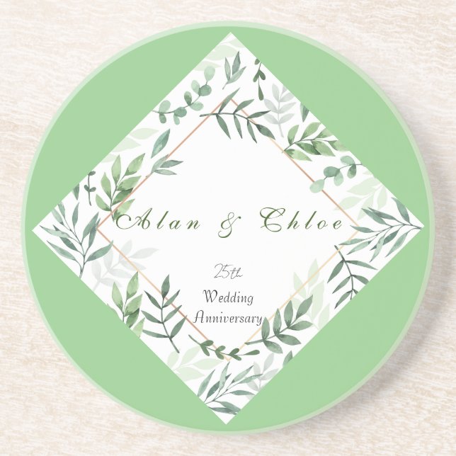 Simple Green Botanical Wedding Sandstone Coaster (Front)